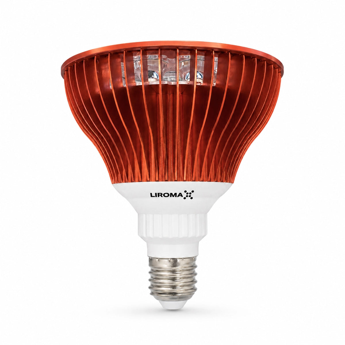 Zijaanzicht van de Liroma PrimeSpot roodlichtlamp met koelribben en E27-schroeffitting